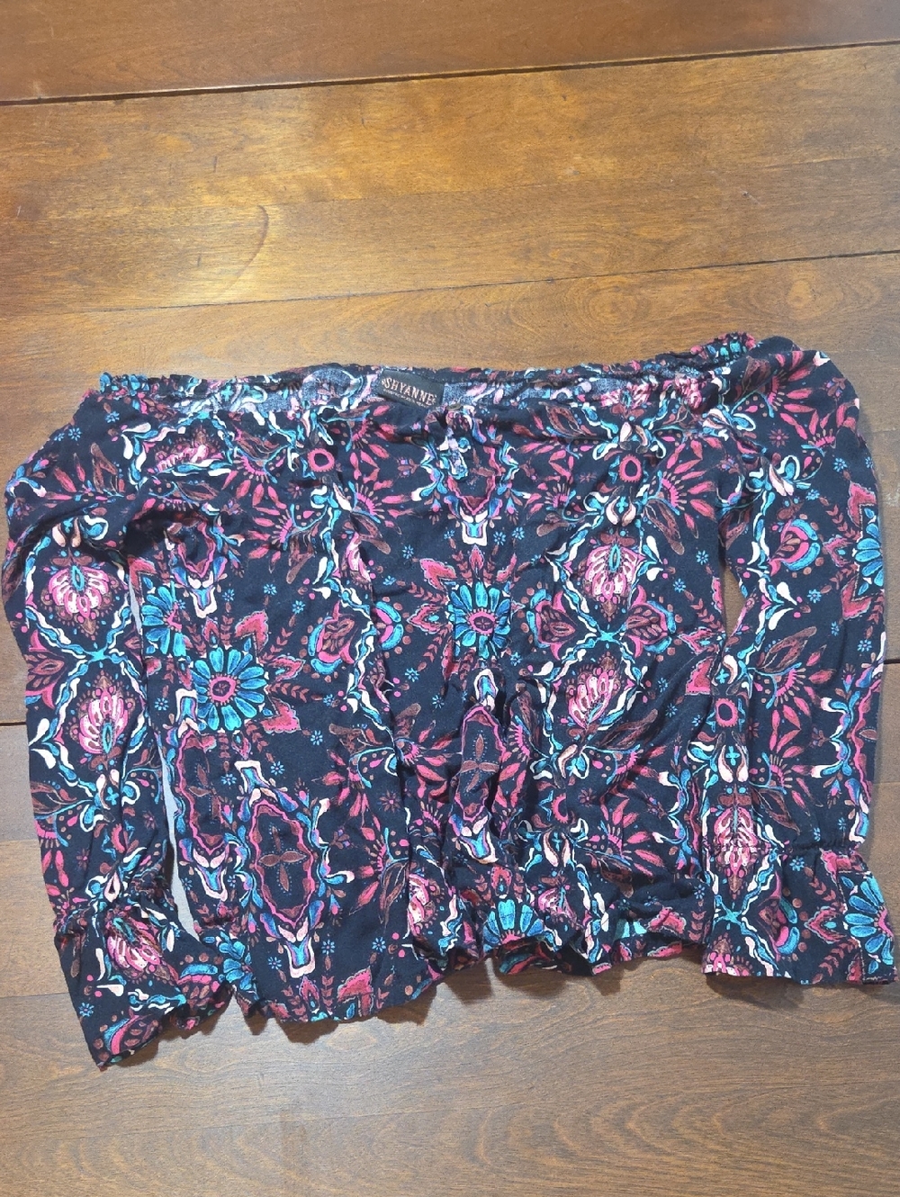 Shyanne Black Floral Paisley Off-Shoulder Crop Top with Pink & Teal Accents Larg